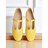baratos Sapatilhas de mulher-sapatilhas femininas amarelas com tiras em T, mary janes vintage com bico redondo para encontros casuais e uso diário