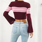 preiswerte Grafische Muster und Details-Damen Pullover Lässig Farbblock Grobstrick Rundhalsausschnitt Gestrickt Langarm Crop Tops Stricken Täglich Ferien Ausgehen Wein Armeegrün Herbst Winter
