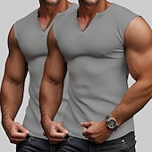 voordelige Sportschool tanktops-Voor heren Wafel Tanktop Singlet Hesje Onderhemd Mouwloos V-hals Zomer Effen Modieus Sportief Klassiek 2-stuks Standaard Straat Casual Sport Geel + blauw White + White Grey+Wit Top T-shirt voor mannen
