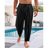 cheap Holiday-Men&#039;s Linen Pants Summer Pants Beach Pants Harem Pants Pocket Elastic Waist Drawstring Plain Comfort Breathable Calf-Length Vacation Daily Holiday Hawaiian Boho Black White