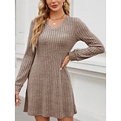 cheap Plain Dress-Women&#039;s Mini Dress A Line Dress Casual Daily Regular Fit Plain Long Sleeve V Neck Wine Light Brown Green Dark Gray Winter Autumn