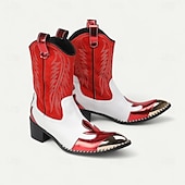 ieftine Cizme din piele premium-Botine cowboy pentru bărbați roșii și albe – Design cu contrast îndrăzneț cusături clasice cu vârf auriu încălțăminte statement pentru evenimente în aer liber și petreceri tematice