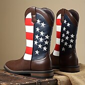 cheap Cowboy &amp; Western Boots-Men’s Brown Faux Leather Western Boots with American Flag Design – Durable Leather Boots for Outdoor Adventures, Country Events and Patriotic Celebrations