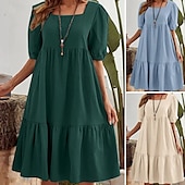 abordables concevoir des robes en coton et lin-Femmes Mini Robe Robe Décontractée Classique Moderne Extérieur Vacances Fête Coupe régulière Uni Manche Courte Col carré Vert foncé Beige Bleu clair Été