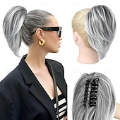 abordables Queue-de-cheval-Extension queue de cheval 10 pièces, postiche queue de cheval courte à clipser, chignon décoiffé, postiche synthétique naturel, doux et raide pour femme - brun foncé avec mèches