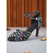 cheap Latin Shoes-Women&#039;s Professional Satin Dance Sandals with Rainbow Cracked Design and Adjustable Ankle Strap for Ballroom and Latin Dance
