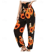 abordables jambe large et taille haute-Femmes Pantalons Droit Mode Streetwear Longueur complète Taille haute Imprimé Fleur Taille Élastique Respirant Confortable Micro-Élastique Rue Tenue quotidienne Sortir Rose Orange Été Printemps Coupe