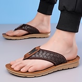 billige Ferietøfler-herrebrune flip-flops i kunstskinn med vevd mønsterrem, myk EVA-såle, komfortabel for feriested og hverdagslige sommerantrekk