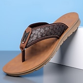 billige Ferietøfler-herrebrune flip-flops i kunstskinn med vevd mønsterrem, myk EVA-såle, komfortabel for feriested og hverdagslige sommerantrekk