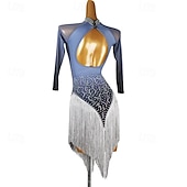 preiswerte Kleidung für lateinamerikanische Tänze-Lateinamerikanischer Tanz Kleid Quaste Spleißen Kristalle / Strasssteine Damen Leistung Training Langarm Chinlon Netzstoff Spandex