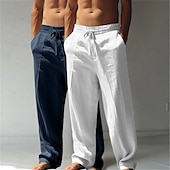 baratos Clássico-Homens Calças de linho Calças Calça verão Calças largas Calças de praia Com Cordão Cintura elástica Perna reta Tecido Conforto Respirável Comprimento total Casual Diário Feriado Férias Estilo Clássico