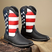 cheap Cowboy &amp; Western Boots-Men’s Brown Faux Leather Western Boots with American Flag Design – Durable Leather Boots for Outdoor Adventures, Country Events and Patriotic Celebrations