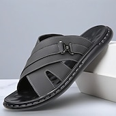 cheap Vacation Sandals-Men&#039;s Tan Faux Leather Slide Sandals Cross-Strap Open-Toe Design with Arch Support Great for Casual Summer Home and Street Style