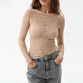 billige Kvinne Enkle Topper-Dame Bluse Helfarge Moderne Fritid Langermet Crew-hals Vanlige topper Daglig Ut på byen Svart Kakifarget Lyseblå Sommer