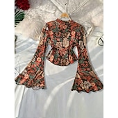 preiswerte Oberteile-Retro Vintage 1970er Groovy Bauchfreies Top Glockenärmel Disco Netz Blumen Damen Halloween Karneval Musikfestival Retro-Mottoparty Erwachsene Oberteil