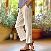 preiswerte Schlichte Hose aus Baumwollleinen-Damen Hose aus Baumwollleinen Abgeschnittene Hose Mode Lässig Knöchellang Mittlere Taille Einfach Elastischer Bund Atmungsaktiv Bequem Straße Alltagskleidung Ausgehen Schwarz Weiß Marineblau