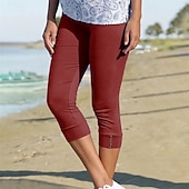 cheap Plain Leggings-Women&#039;s Capri Pants Leggings Casual Athleisure Calf-Length High Waist Plain Elastic Waist Breathability Stretchy Vacation Street Daily Wear Wine Depression Green Black Pink Summer Spring Regular Fit