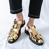 billige Kjole sandaler-Gull- og svarte metalliske sandaler for menn – stilige gladiatorsandaler med moderne spennedesign, perfekte for uformelle utendørsarrangementer