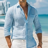 voordelige Vakantie-Voor heren Overhemd Linnen overhemd Zomer overhemd Strand hemd Effen Feestdagen Alledaagse kleding Wit Lichtgroen Blozend Roze blauw Lange mouw Strijkijzer Zomer Lente &amp; Herfst Kleding Button-omlaag