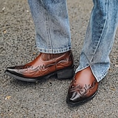 abordables Bottes de motard-Bottines de cowboy en cuir marron style western pour homme avec motif flamme brodé – bottes tendance pour événements country, rodéos et tenues décontractées