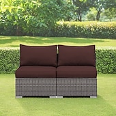 cheap Patio Cushions Cover-2-Piece Patio Armless Sofa Cover Set, Outdoor Sectional Sofa, All-Weather Grey PE Wicker Rattan Conversation Sofa, Outdoor Loveseat, Patio Seating for Balcony Garden Pool