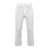 cheap Classic-Men&#039;s Linen Pants Trousers Summer Pants Beach Pants Pocket Elastic Waist Drawstring Striped Comfort Breathable Vacation Daily Holiday Hawaiian Boho Black White