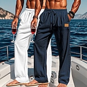 baratos Feriado-Homens Calças de linho Calças Calça verão Calças largas Calças de praia Com Cordão Cintura elástica Perna reta Tecido Conforto Respirável Comprimento total Ao ar livre Feriado Praia Férias Moda