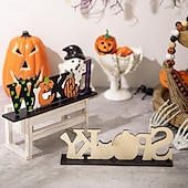 tanie Dekoracje wiszące i na stół na Halloween-dekoracja na halloween z drewnianym środkiem, upiorny drewniany stojak na litery do ekspozycji na stole halloweenowym, dekoracja na imprezę w nawiedzonym domu DIY