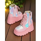baratos Festa da Vida Noturna-Botas de combate femininas plataforma rosa, botas de cano curto holográficas com cadarço e salto grosso com zíper lateral, estilo de rua ousado para vida noturna e roupas de festa
