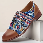 cheap Statement Shoes-Men’s Tribal Geometric Jacquard Fabric Derby Shoes with Brown Faux Leather Details, Ethnic Style Lace-Ups for Cultural Events, Banquets and Fashion Shoots