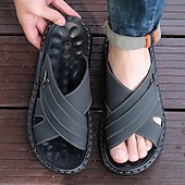 cheap Vacation Sandals-Men&#039;s Tan Faux Leather Slide Sandals Cross-Strap Open-Toe Design with Arch Support Great for Casual Summer Home and Street Style