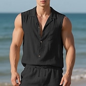 cheap Vacation-Men&#039;s Shirt Linen Shirt Casual Shirt Button Up Shirt Cotton Shirt Plain Vacation Street Black White Yellow Navy Blue Sleeveless Turndown Summer Clothing Apparel Buttons