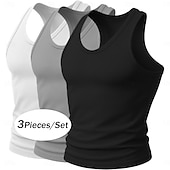 baratos Tops de ginásio-Homens Malha Íntima Camiseta Interior camisa sem manga camisa muscular Sem Manga Decote em U Profundo Scoop pescoço Decote em U Verão Côr Sólida Pit Strip Moda Designer Esportivo 3 Peças Estriado Puro