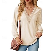 preiswerte Damen Einfache Oberteile-Damen Bluse Farbblock Modern Lässig Langarm V Ausschnitt Normale Oberteile Täglich Ferien Patchwork Gras-Grün Erröten Sie Rosa Schwarz Rosa Wein Sommer