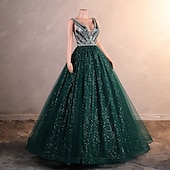 preiswerte Abendkleider-Ballkleid Abendkleid Elegantes Kleid Formale Promenade knöchellang ärmellos V-Ausschnitt Tüll mit Glitzer Pailletten