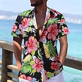 billiga Herrskjortor i plusstorlek-Herr Blommig Grafiska tryck Skjorta Hawaii skjorta Kort ärm Skjorta Nedvikt Utomhus Gata Svart Gul Rubinrött Marinblå Marinblå Mönster Kläder Mode Designer Ledigt Mjukt