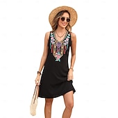 ieftine Rochii Boho-Pentru femei Rochie Mini Rochie casual Modă Modern Rochie eleganta Beretă Nuntă Zilnic Dată Fit regulat Floral Broderie Fără manșon În V Negru Vară