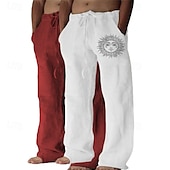 baratos Clássico-Homens Calças de linho Calças Calça verão Calças largas Calças de praia Com Cordão Cintura elástica Perna reta Gráfico Sol Respirável Macio Comprimento total Ao ar livre Casa Casual Moda Roupa de rua
