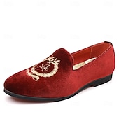 お買い得  ローファー-刺繍入りの紋章が入ったメンズ バーガンディ ベルベット ローファー - 結婚式、宴会、お祝いの席にぴったりのスリッポン パーティー ドレスシューズ