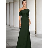 cheap Floor Length-A-Line Mother of the Bride Dress Wedding Guest Elegant Vintage One Shoulder Floor Length Charmeuse 3/4 Length Sleeve with Ruffles Side-Draped free custom size