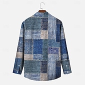 billige Geometrisk mønster-Herre Geometrisk Fargeblokk Lapper Skjorte Skjorte med knapper Langermet Fashion Casual utendørs Daglig Gateklær Vår Høst Aftæpning 3D-utskrift Front One Lomme Lin som skjorte Blå