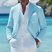 billige Herre Klassiske Blazere-Herre Blazer i lin Sport Coat Avslappet Daglig Ferie Vår sommer Bomull og lin Helfarge comfy Enkelt Brystet To-knapp Blazer Beige Lyseblå