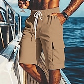 cheap Holiday-Men&#039;s Shorts Linen Shorts Summer Shorts Beach Shorts Elastic Waist Drawstring Multiple Pockets Plain Comfort Breathable Short Vacation Holiday Beach Hawaiian Boho Black White