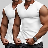 voordelige Sportschool tanktops-Voor heren Wafel Tanktop Singlet Hesje Onderhemd Mouwloos V-hals Zomer Effen Modieus Sportief Klassiek 2-stuks Standaard Straat Casual Sport Geel + blauw White + White Grey+Wit Top T-shirt voor mannen