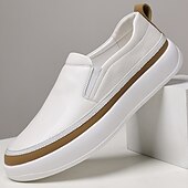 halpa Miesten lenkkarit-Miesten valkoiset keinonahkaiset slip-on-kengät ruskeilla reunuksilla – tyylikkäät ja mukavat rennot slip-on-kengät arkeen ja rentoon käyttöön