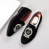 お買い得  ローファー-刺繍入りの紋章が入ったメンズ バーガンディ ベルベット ローファー - 結婚式、宴会、お祝いの席にぴったりのスリッポン パーティー ドレスシューズ