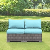 cheap Patio Cushions Cover-2-Piece Patio Armless Sofa Cover Set, Outdoor Sectional Sofa, All-Weather Grey PE Wicker Rattan Conversation Sofa, Outdoor Loveseat, Patio Seating for Balcony Garden Pool