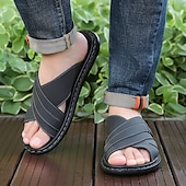 cheap Vacation Sandals-Men&#039;s Tan Faux Leather Slide Sandals Cross-Strap Open-Toe Design with Arch Support Great for Casual Summer Home and Street Style