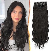 baratos Clip nas extensões-Extensões de cabelo com clipe ondulado de 20 polegadas, 5 peças de apliques sintéticos grossos e macios, pretos naturais, cabeça inteira, extensões de cabelo com clipe para mulheres, longas,