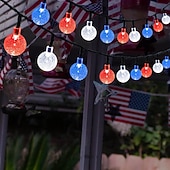 preiswerte Solar Lichterketten-1 Stück 12 m - 100 LED-Perlen, solarbetriebene patriotische Lichterketten für den Außenbereich, wasserdicht, 4. Juli, Unabhängigkeitstag, rot-weiß-blaue Blasenkugel-Lichterkette, Hof, Gartenzaun, Balkon, Party, patriotische Atmosphäre